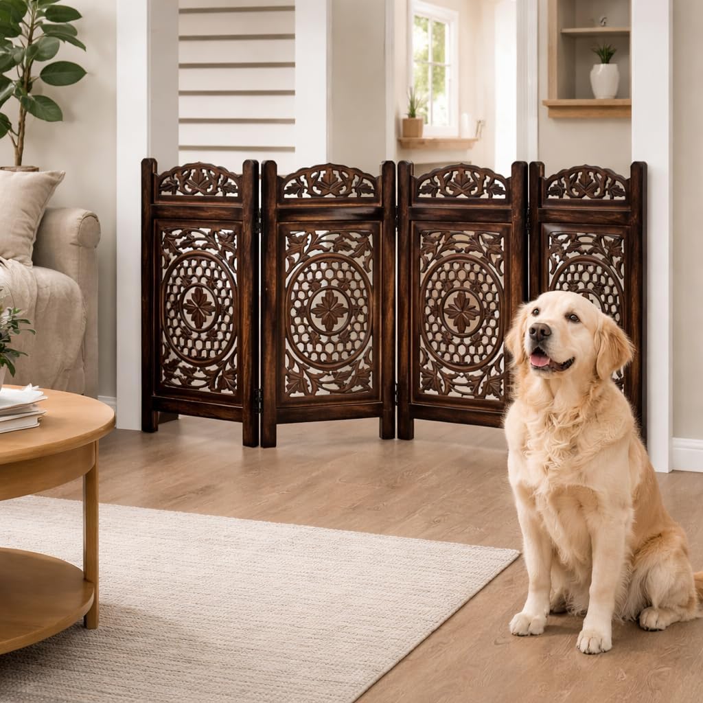 Freestanding Pet Gate for Dogs, Foldable Wooden Dog Gate for House, Indoor Dog Gate for Stair, Doorway, House Design Gates for Dogs Indoor, 72 Inch Wide, (18" x4 Panels 72 inch), Burnt Finish