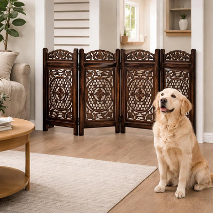 Freestanding Pet Gate for Dogs, Foldable Wooden Dog Gate for House, Indoor Dog Gate for Stair, Doorway, House Design Gates for Dogs Indoor, 72 Inch Wide, (18" x4 Panels 72 inch), Burnt Finish