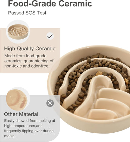 Ceramic Slow Feeder Dog Bowl, Maze Puzzle Non-Slip Silicone Base Stoneware Bowl for Small Medium Dogs, Heavy Duty Anti-Bloat Dog Food Bowl Dishwasher Safe – Apricot, Medium