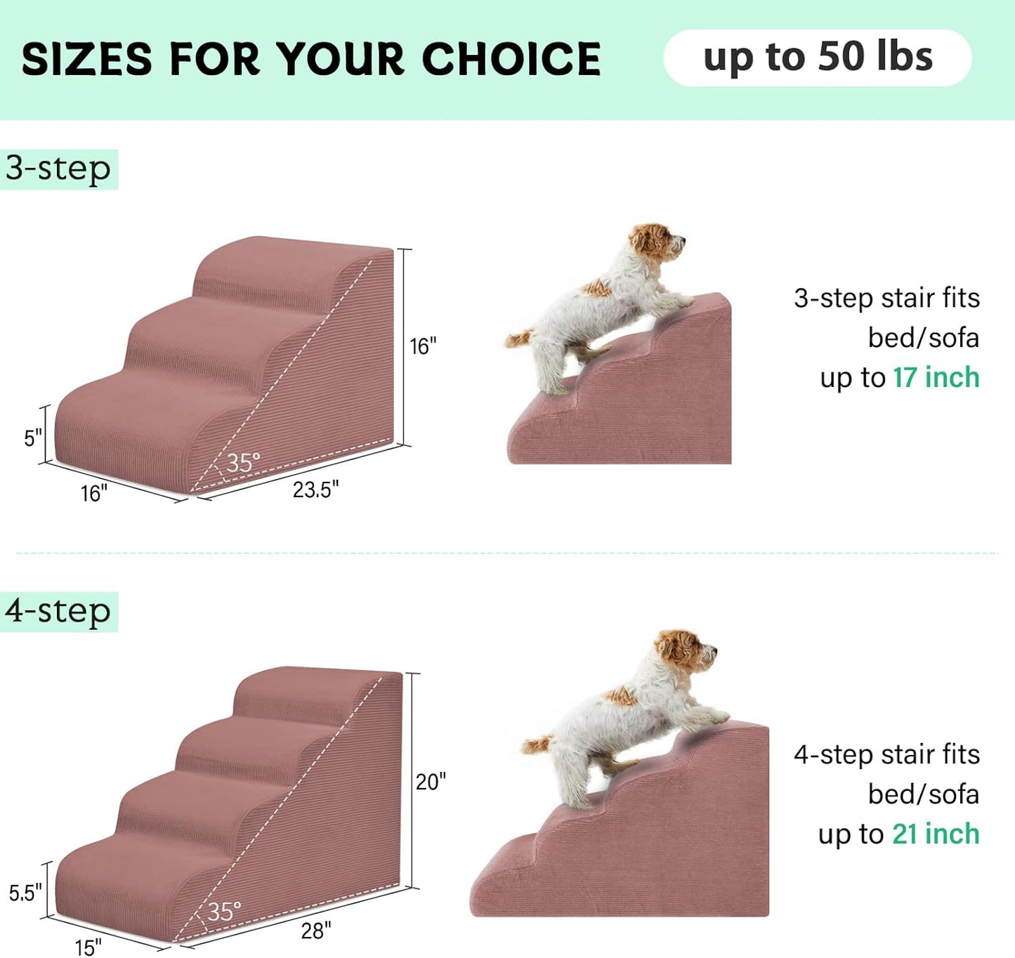 Mesa Lemon Dog Stairs & Steps for High Beds, 3 Steps High Density Foam Waterproof Dog Ramp for Small Dogs and Cats, Pet Stairs with Removable Washable Cover for Bed, Couch, Sofa and Car (H:16")