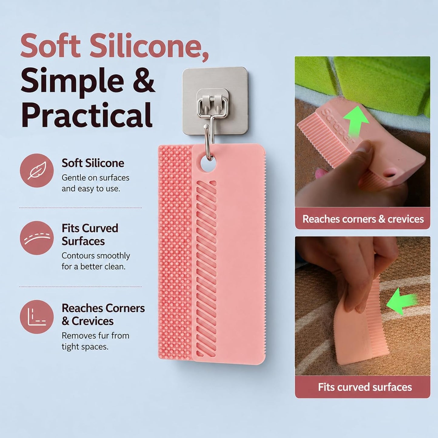 Self-Cleaning Cat Shedding Grooming Brush for Small Dog Pet Short Hair Remover Set Reusable Lint Removal Tool Carpet Scraper for Clothes Couch Bedding Furniture Car Pink