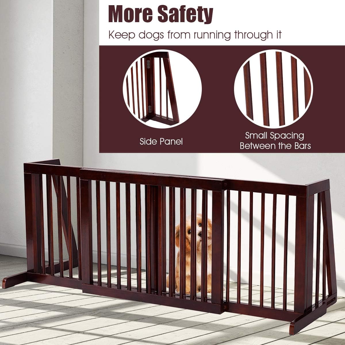 PETSITE Free Standing Retractable Wooden Dog Gate Indoor, 28-80 Inches Adjustable Pet Gate for Doorways, Stairs, Hallway, Kitchen, Easily Crossable with One Step, Ideal for Small & Medium Sized Dogs
