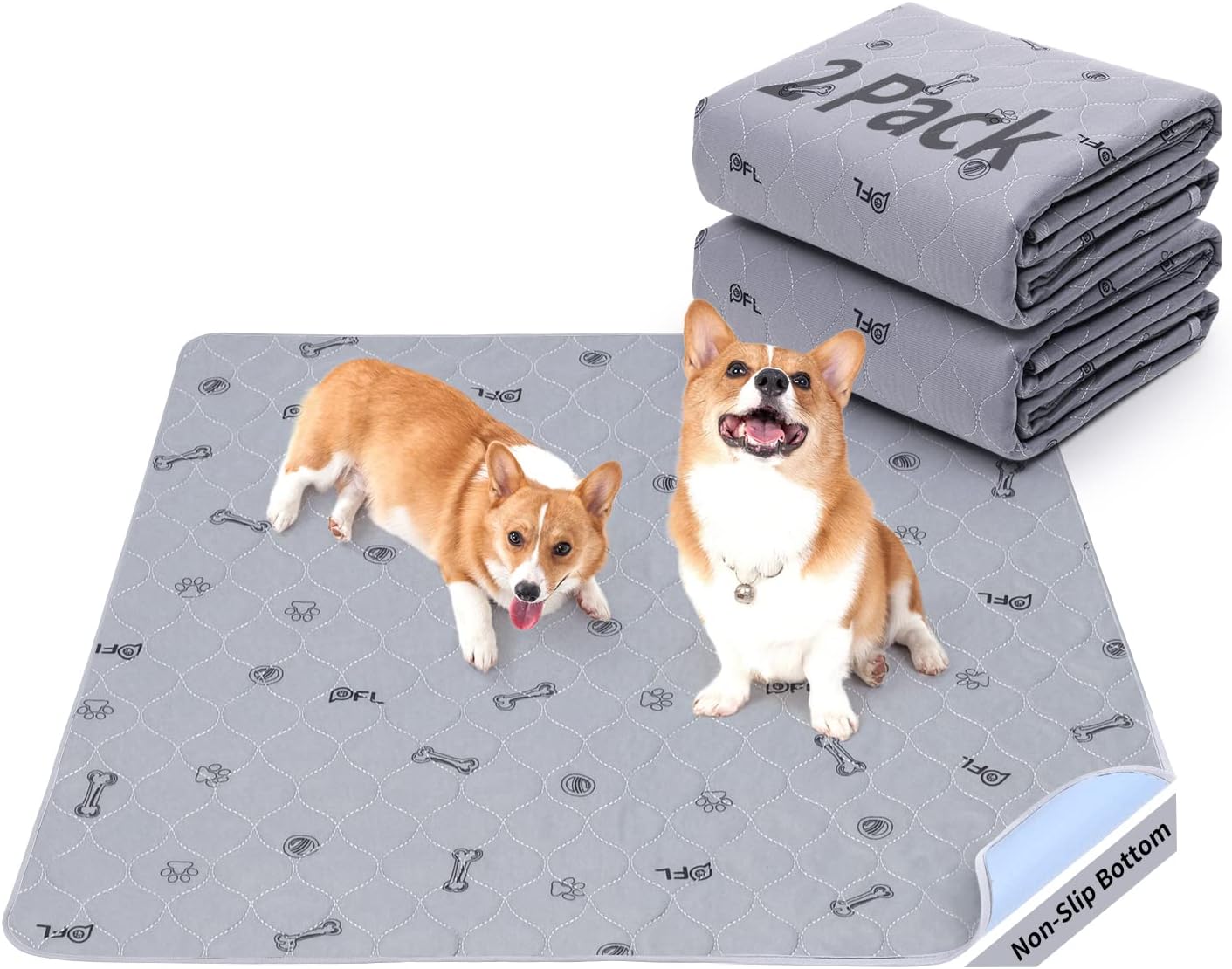 Washable Pee Pads for Dogs, 2Pack Reusable Puppy Pads, Absorbent Whelping Pads with Bone Print, Non-Slip Waterproof Pet Training Pads for Couch, Crate, Potty Training 18x24