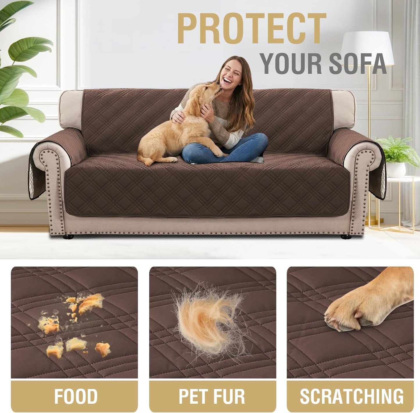 H.VERSAILTEX 100% Waterproof Slipcovers for Couches and Sofas Modern Pet Couch Cover Thick Soft Furniture Protector with Elastic Straps(Sofa, Lily Pad/Beige)