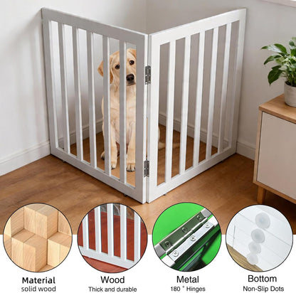 Dog Gate Indoor, Freestanding Dog Fence for The House, Doorways, Hallways,or Stairs,Pet Gate Foldable Wooden,Expandable 24" Height 3 Panels,White