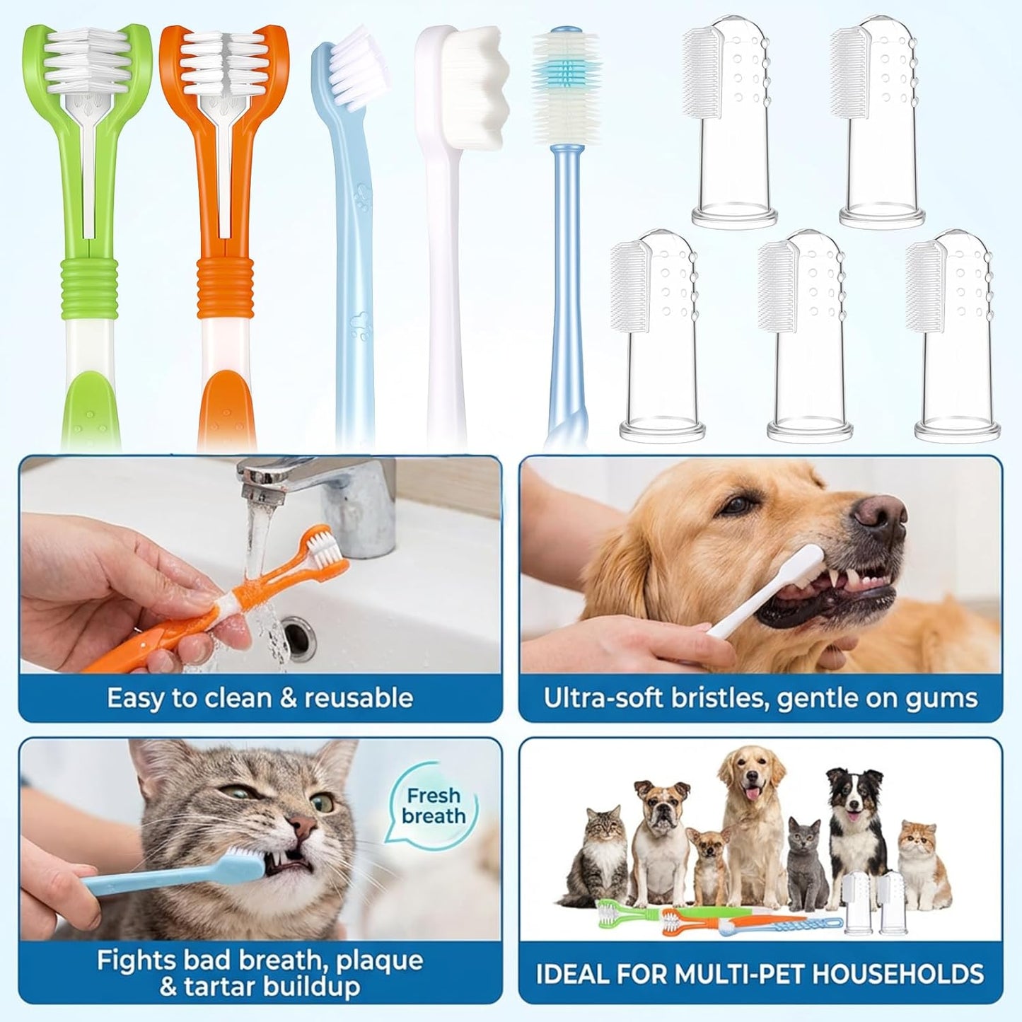 10 Pcs Dog Tooth Brushing Kit Soft Double Head Tooth Brush Triple Head Pet Toothbrushes Finger Silicone Toothbrush Multi-Angle Dental Cleaning Brushes for Dog Kitten Cat Pet Dental Cleaning