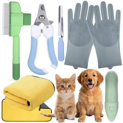 Cat Grooming Kit & Puppy Grooming Kit, Including Cat Washing Kit,Nail Clippers For Cats,Special Silicone Toothbrush,Dogs Washing Gloves, Puppy Quick-Drying Towel,Dog Flea Comb,Reusable.