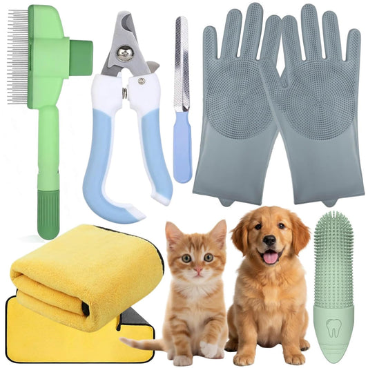 Cat Grooming Kit & Puppy Grooming Kit, Including Cat Washing Kit,Nail Clippers For Cats,Special Silicone Toothbrush,Dogs Washing Gloves, Puppy Quick-Drying Towel,Dog Flea Comb,Reusable.