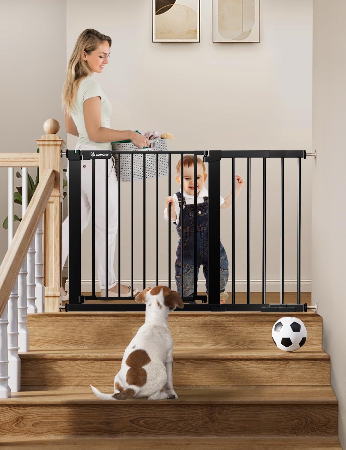 COMOMY 36" Extra Tall Baby Gate for Stairs and Doorways - Fits 29.5" to 48.8" Wide Openings, Auto Close Extra Wide Dog Gate for House, Pressure Mounted Easy Walk Through Pet With Door, Black