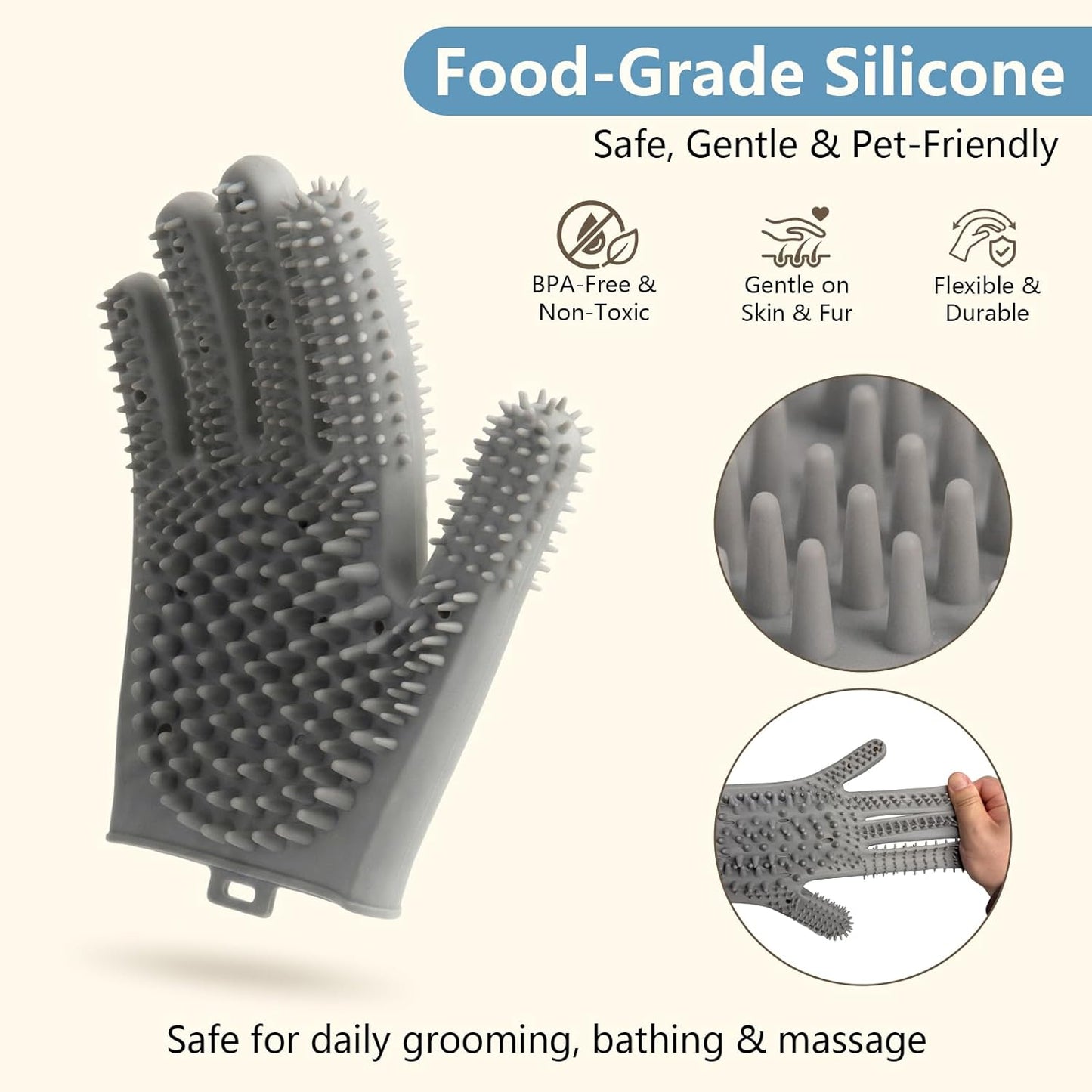 Pet Grooming Gloves for Cats & Dogs, Silicone Pet Hair Removal Glove for Bathing, Shedding & Massage, Gentle Cat & Dog Grooming Glove for Long & Short Hair Pets（Grey-Large）