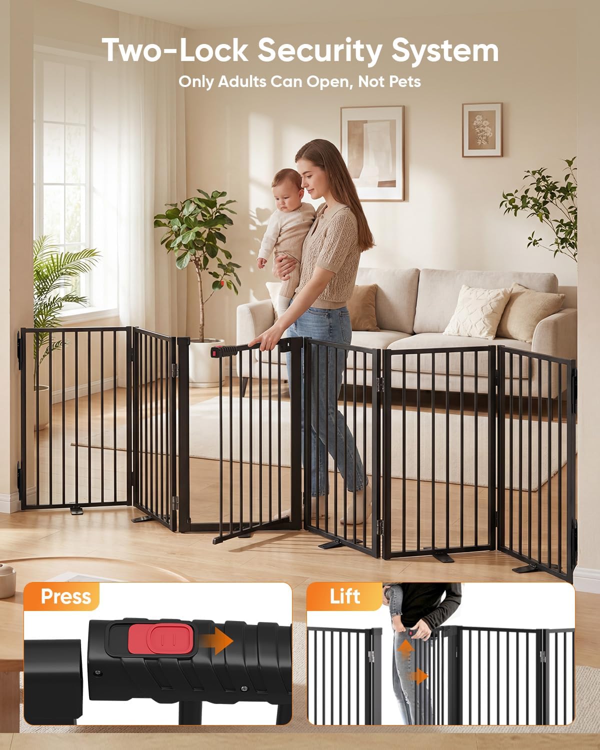 Full Metal Free Standing Dog Gate with Door for Indoor & Outdoor,80'' Extra Wide 32'' Tall Dog Gate for The Doorways,Large Openings,Decks,Porch,Pet Freestanding Safety Fence(4 Panels,Black)