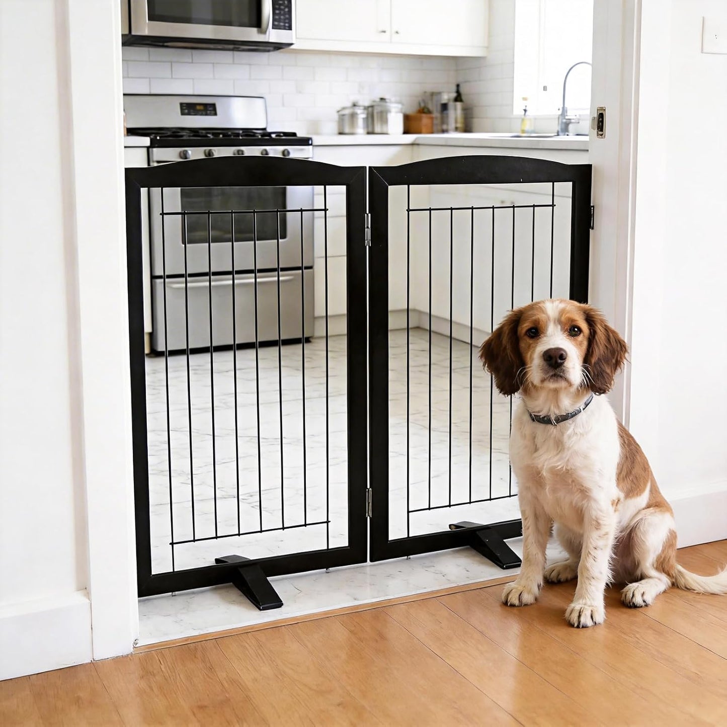 ZJSF Freestanding Dog Fence Indoor, Foldable Dog Gate for Doorways, Stairs or Hallways, Sturdy Wood Extra Wide Pet Gate with Support Feet for The House, White, 24 "Height-3 Panels