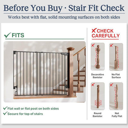 Cumbor 29.2–43" Baby Gate for Stairs, Hardware Mounted (Drill Required), Expandable No Bottom Bar Dog Gate, Auto Close Extra Wide Walk Thru, Pet & Toddler Proof Gate, Top & Bottom of Stairways(Black)