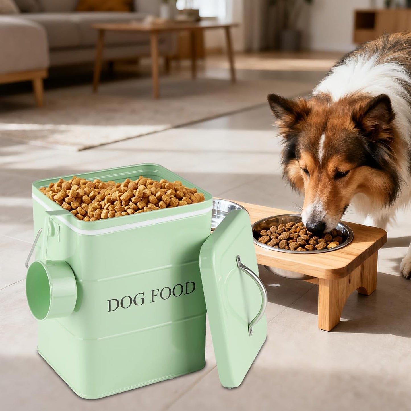 Dog Food storage container Dog Treats Jar,5~6 lb Metal food treats tin for Dog, pet snacks Canisters with wooden lid/handle/sevice scoop-Green