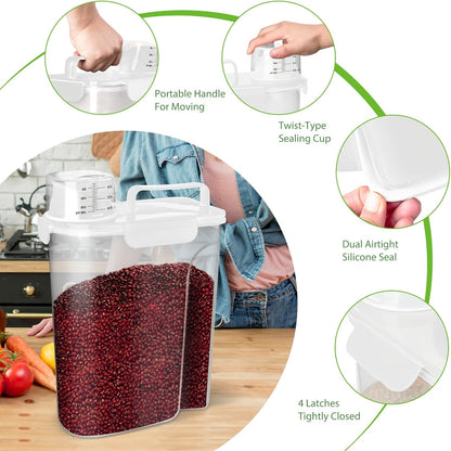 Viretec Rice Airtight Storage Container, 3 to 5Lbs Cereal Dry Food Flour Bin, Pet Dog Cat Food Dispenser with Measuring Cup, BPA Free Clear Plastic Kitchen and Pantry Organization Bin for Sugar