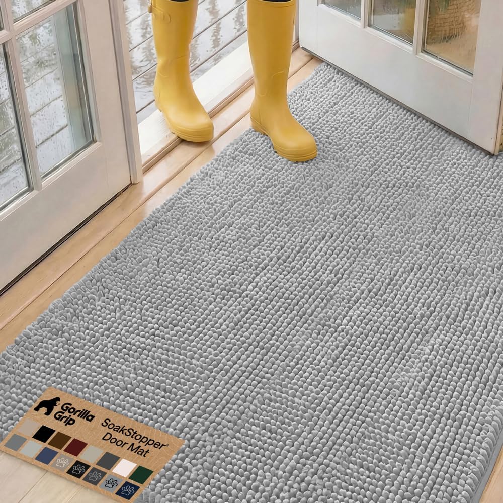 GORILLA GRIP SoakSTOPPER Dog Door Mat, 30x20 Machine Washable Rug Absorbent Doormat Captures Moisture Mud Dirt, Quick Dry Soft Chenille Entryway Rugs Indoor Entrance Mats for Dog Paws, Paw Grey