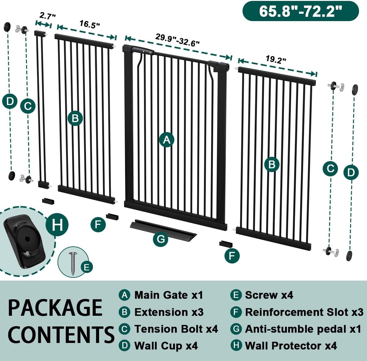 Fairy Baby 40.5" Extra Tall Baby Gate for Stairs, Fits Openings of 40.6" to 54.7" Wide, Extra Wide Dog Gate Indoor, Pressure Mounted Walk Thru Swing Auto Close Metal Puppy Barrier for Doorway, Black