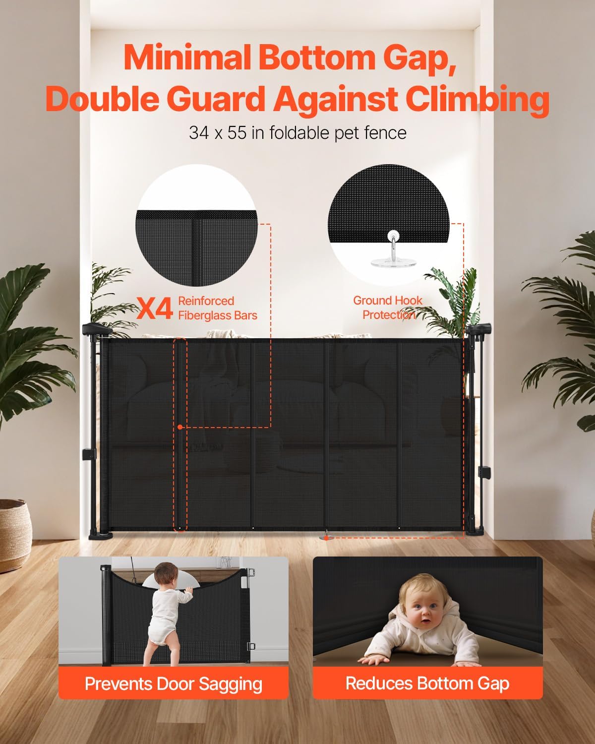 VEVOR Retractable Baby Gate, 34 inch Tall, Extends up to 110 inch Wide, Retractable Gate for Kids or Pets, Mesh Material, Easy to Install for Indoor Stairs, Doorways, Hallways, Playrooms, Gray