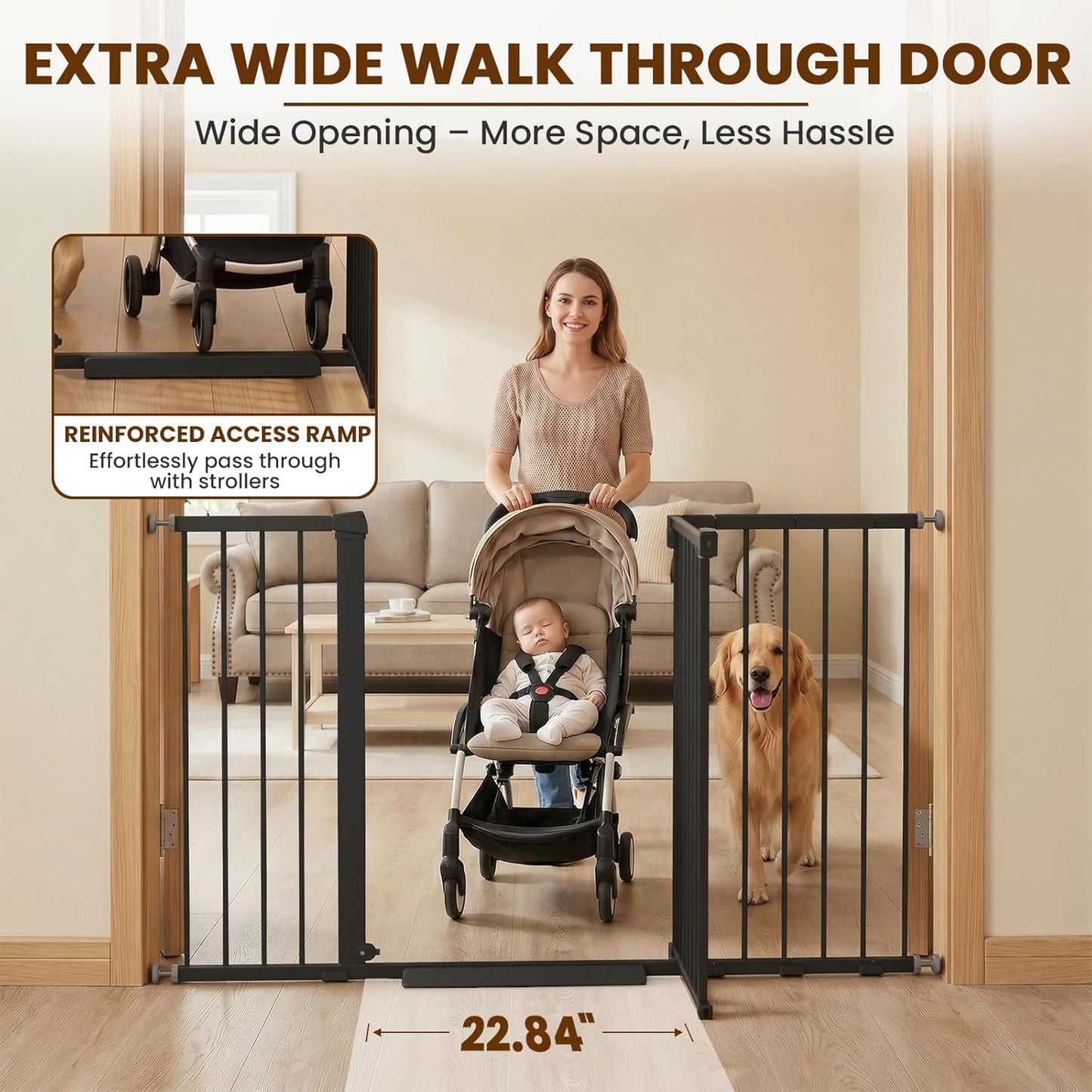 Mumeasy Baby Gate Extra Wide, 29.7-51'' Pressure Mounted Dog Gate with Walk Thru Door, Auto Close Pet Gate for House, Stairs, Doorways,Black