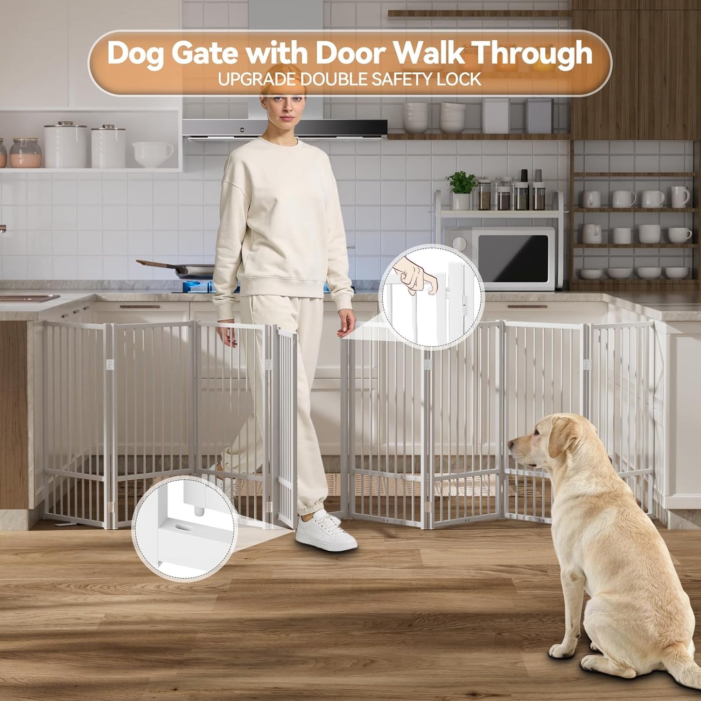 SNUOWU Full Metal Freestanding Dog Gate with Door, 32''Height Foldable Pet Dog Fence for Indoor & Outdoor, 4 Panels Extra Wide Free Standing TallDog Gates for Doorways,House,Stairs,Porch,Deck,Yard