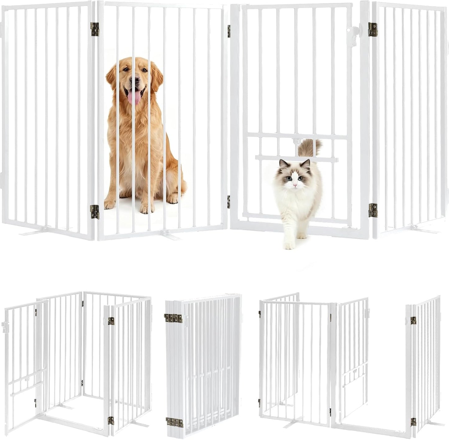 Metal Freestanding Dog Gate with Cat Door for Outdoor Indoor,80" Extra Wide Foldable Pet Fence,30" Tall Dog Gate for Large Opening,Stairs,Hallways,Doorways,Deck,Yard,with 3PCS Support(4 Panels,Black)