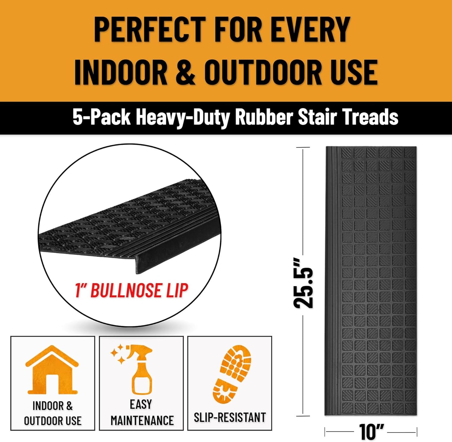 Ottomanson Outdoor Rubber Stair Treads – Ribbed Heavy-Duty Non-Slip Stair Mats – Best Grip on Concrete, Brick & Textured Step – Fastening Recommended for Wooden & RV Steps, Pack of 5