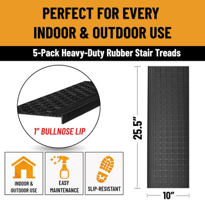 Ottomanson Outdoor Rubber Stair Treads – Ribbed Heavy-Duty Non-Slip Stair Mats – Best Grip on Concrete, Brick & Textured Step – Fastening Recommended for Wooden & RV Steps, Pack of 5
