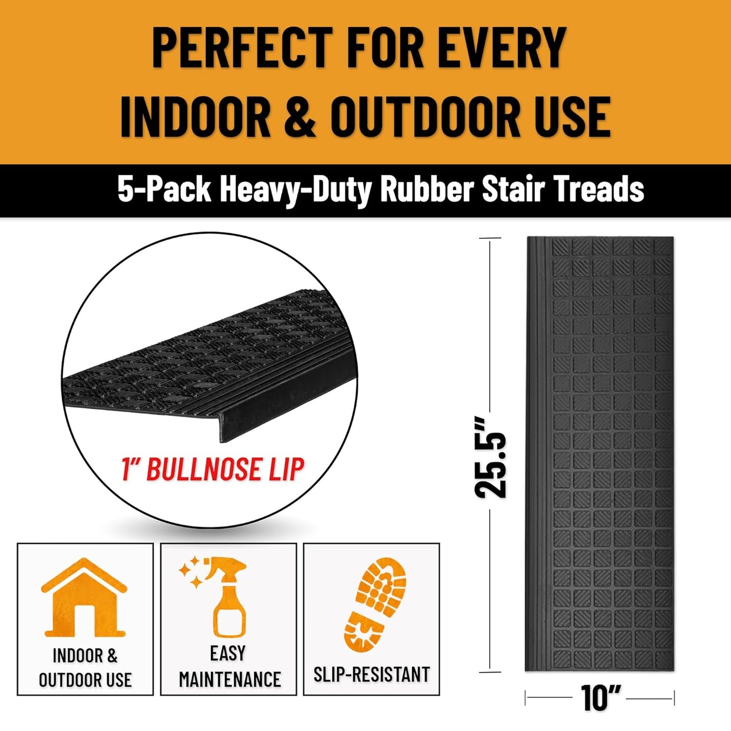 Ottomanson Outdoor Bullnose Stair Treads – Ribbed Heavy-Duty Non Slip Stair Mats – Strong Grip for Concrete, Brick & Textured Steps – Requires Fastening on Wooden & RV Steps, Pack of 5