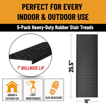 Ottomanson Outdoor Bullnose Stair Treads – Ribbed Heavy-Duty Non Slip Stair Mats – Strong Grip for Concrete, Brick & Textured Steps – Requires Fastening on Wooden & RV Steps, Pack of 5