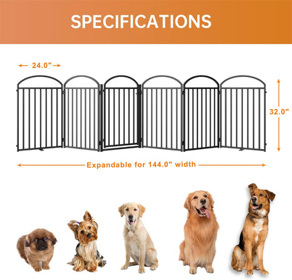 SNUOWU 4 Panels Full Matel Freestanding Dog Gates with Door, 96"Extra Wide 32"Tall Free Standing Dog Pet Gate for Indoor & Outdoor. Foldable Pet Fences for Doorways, House, Stairs, Porch, Deck, Yard