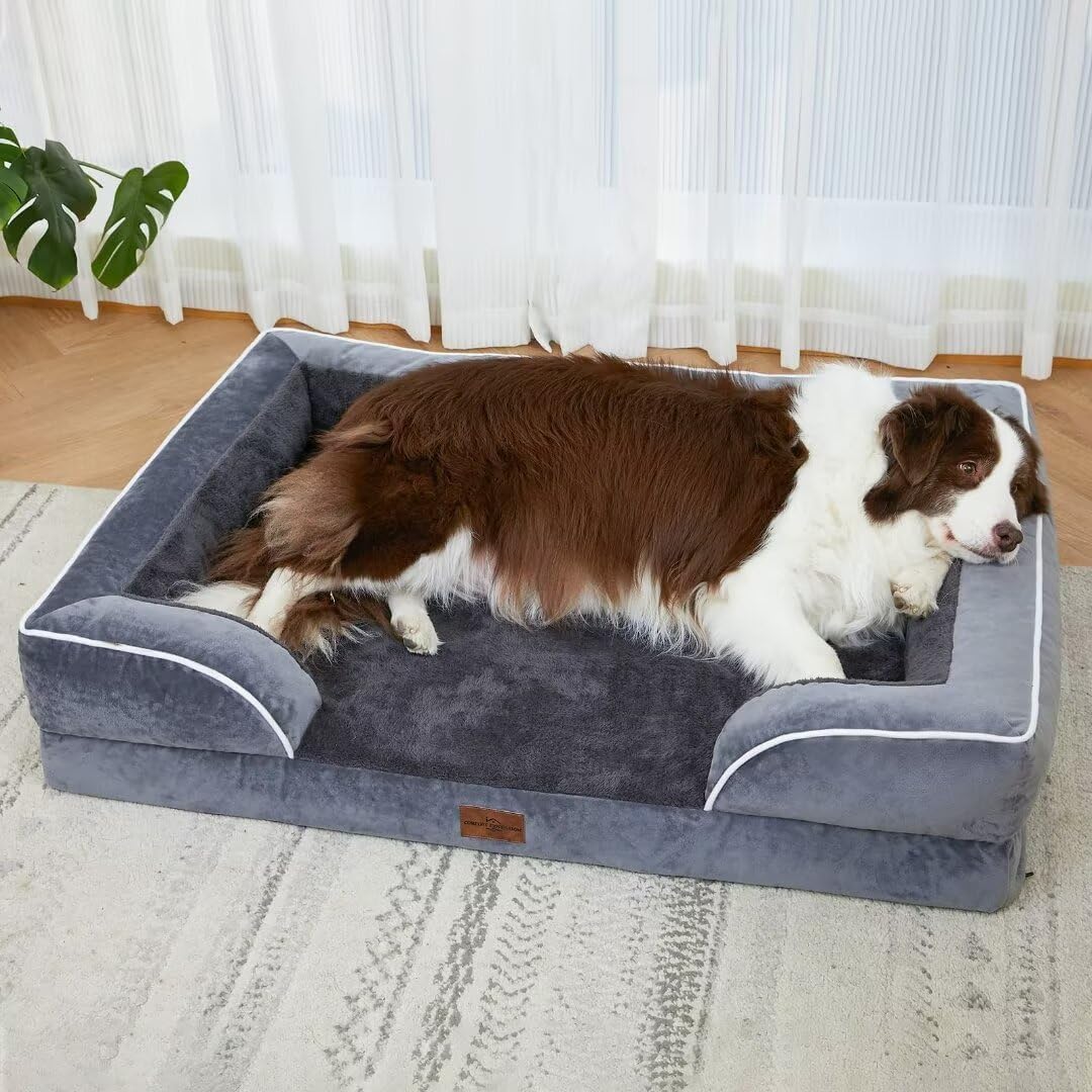 Comfort Expression Orthopedic Dog Bed for Extra Large Dogs 42x30 Inch, Waterproof Egg Crate Foam XL Pet Bed with Removable Bolsters, Dog Couch with Washable Cover & Non-Slip Bottom, Grey - Colors A