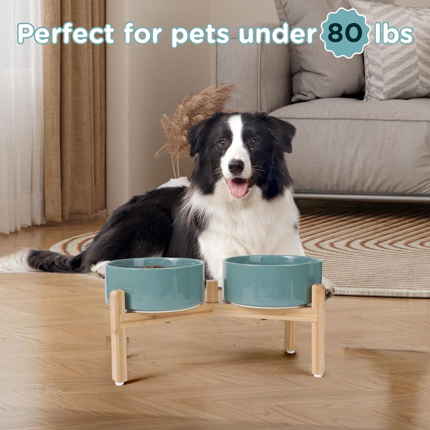 SPUNKYJUNKY Elevated Dog Bowls Ceramic, 6.1'' Dogs and Cat Food Water Bowls Raised with Non-Slip Bamboo Stand for Medium Sized Breed Microwave Dishwasher Safe - 28.7 OZ,Beige