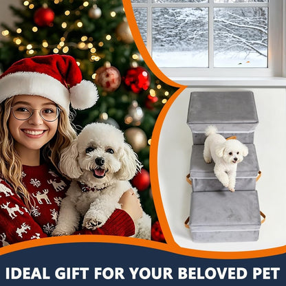 17" H Dog Stairs for High Beds, Multifunctional Pet Ramp with Storage & Condo for Small Medium Large Older Dog, 3-Step Foldable Cat Stairs for Climbing Car Sofa,Supports up to 120 Lbs