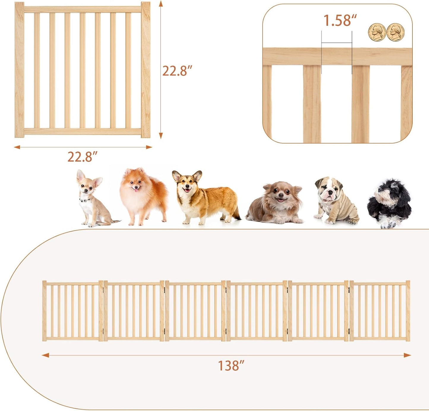 YOCAN Non-Painted Wood FreeStanding Pet Gate for Dogs,Wooden Dog Gates for Doorways, Stairs,The House, Dog Fences Indoor Puppy Gate-2 Panel H:23”