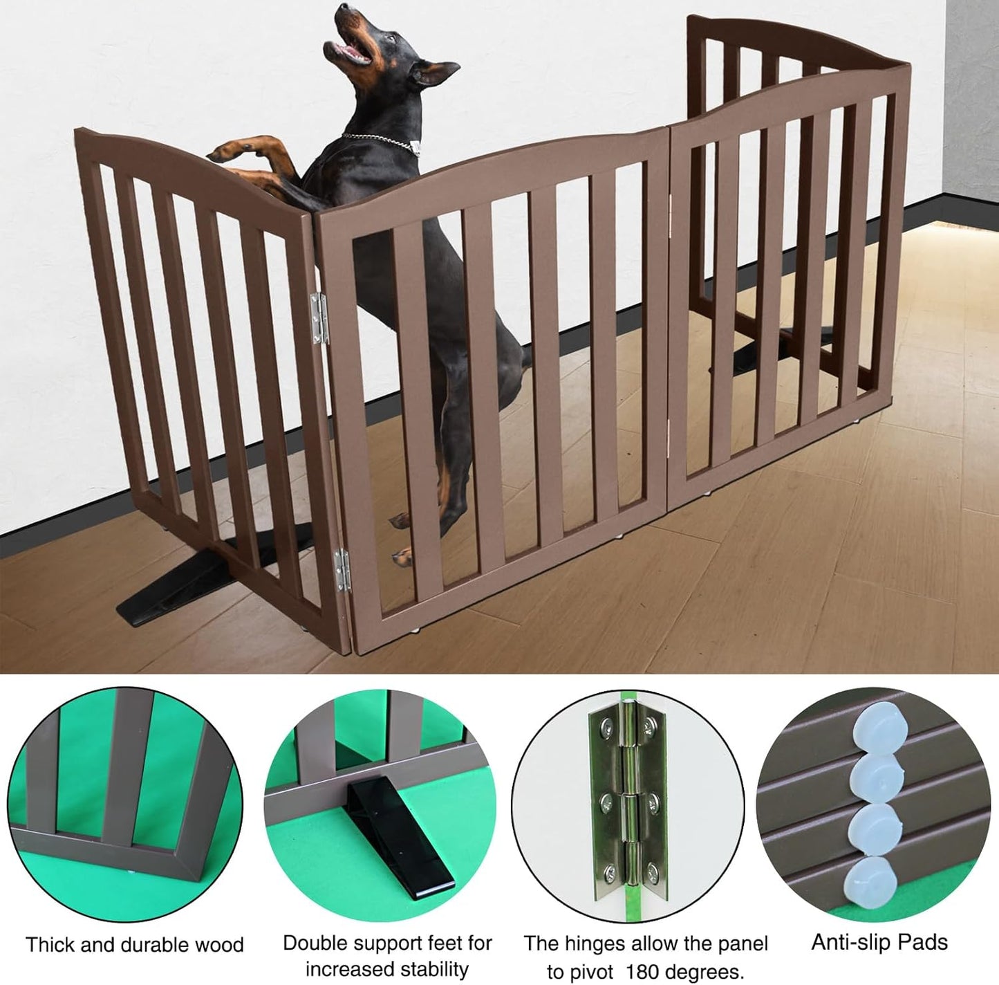 ZJSF Foldable Freestanding Indoor Dog Gate for House Wood White Long Pet Gates Dog Fence for Stairs Puppy Gates for Hallways,Pet Fence, Puppy Gate,Support Feet Included 24 "Height-3 Panels