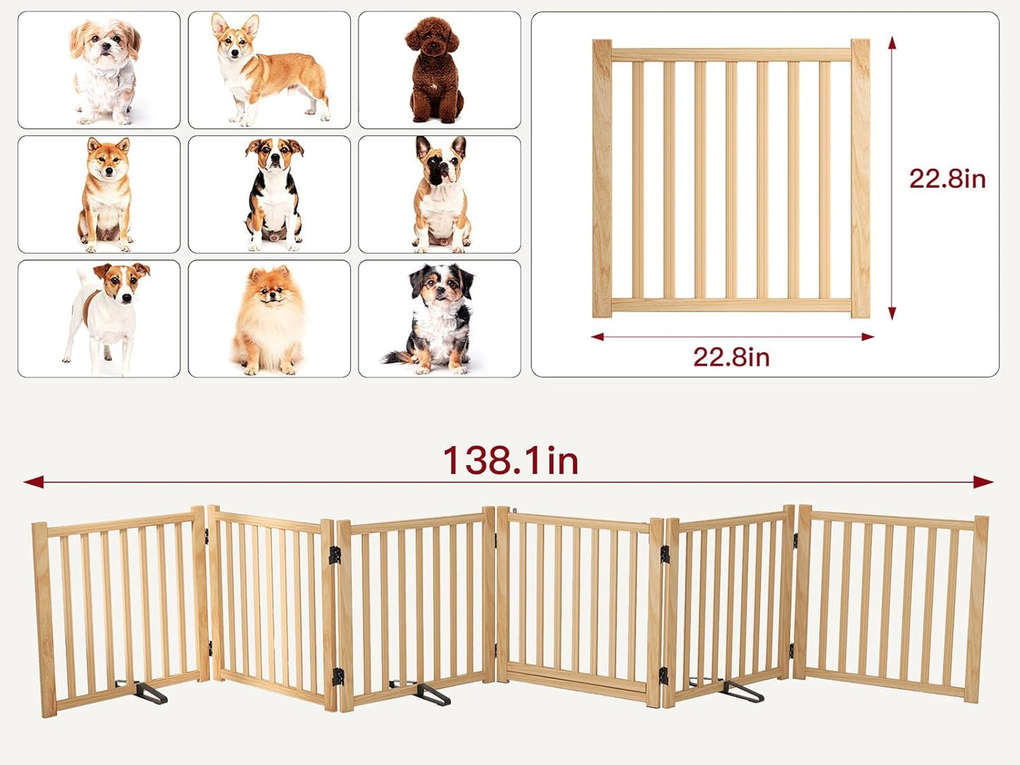Wooden Dog Gate Indoor, 23" H Freestanding Dog Gates with Door, No-Painted Foldable Puppy Fence, Doggy Barrier for Doorway, Stairs- 4 Panels
