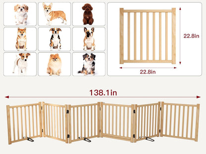 Wooden Dog Gate Indoor, 23" H Freestanding Dog Gates with Door, No-Painted Foldable Puppy Fence, Doggy Barrier for Doorway, Stairs- 4 Panels
