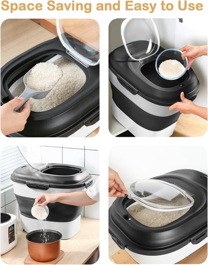 20-30 Lbs Rice Storage Container,Collapsible Food Storage Containers with Rolling Wheel Airtight Locking Lid,Flour Storage Container with Cup and Scoop,Suitable for Food,Rice,Pet Food,Flour