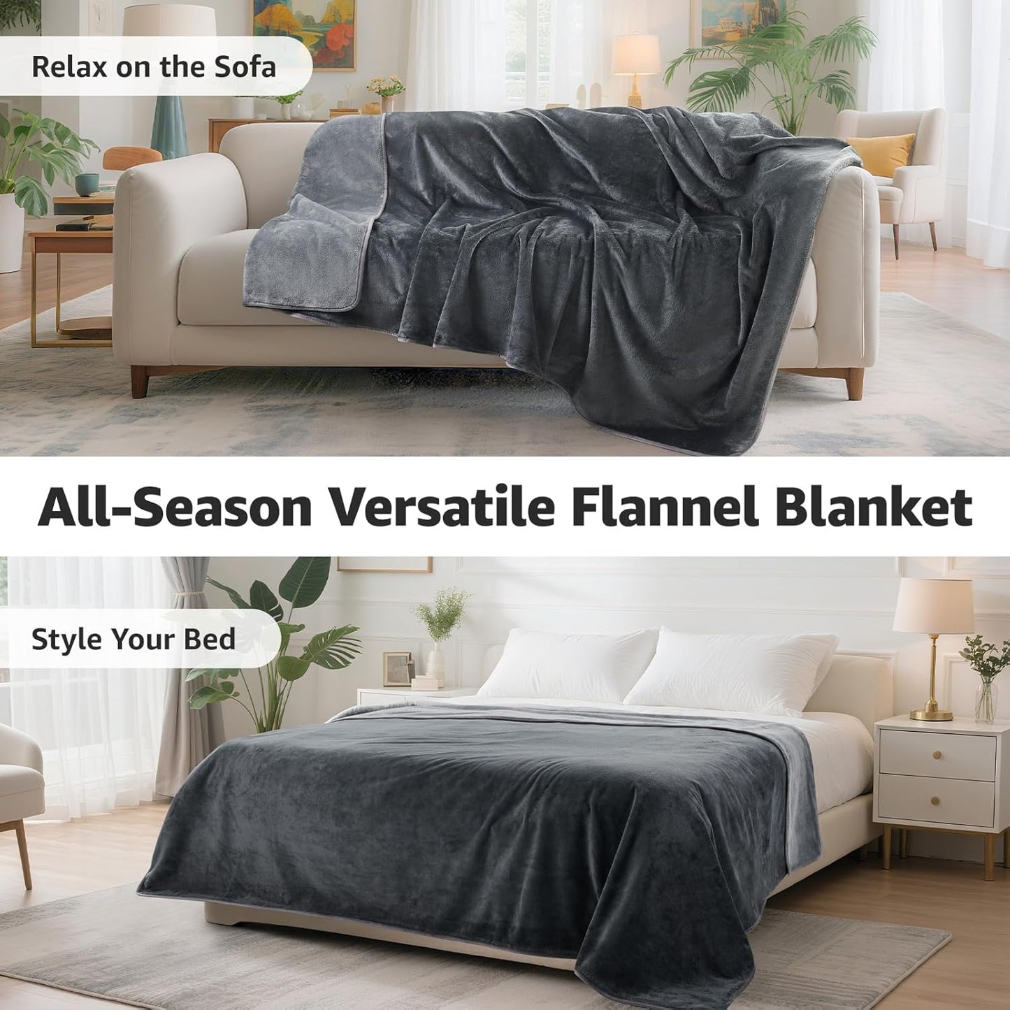 LOOBANI Waterproof Blanket for Bed: Reversible Soft Flannel Twin Bed Blanket 60" x 80", Leakproof Throw Spill-Proof Dog Pet Blanket for Couch Cover, Movie Time, Camping, Travel, Grey