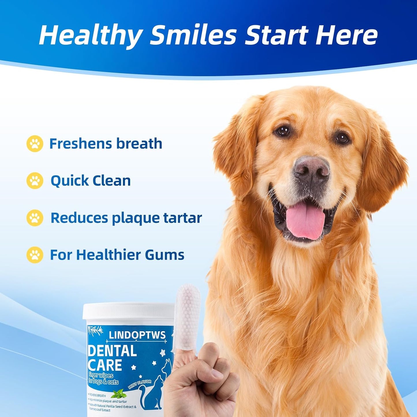 Dog Dental Wipes for Teeth Cleaning - Dog Tooth Wipes & Finger Toothbrush for Dogs, Waterless Formula Helps Fight Plaque and Tartar, Freshens Breath, Easy No-Rinse Oral Care 60 Count