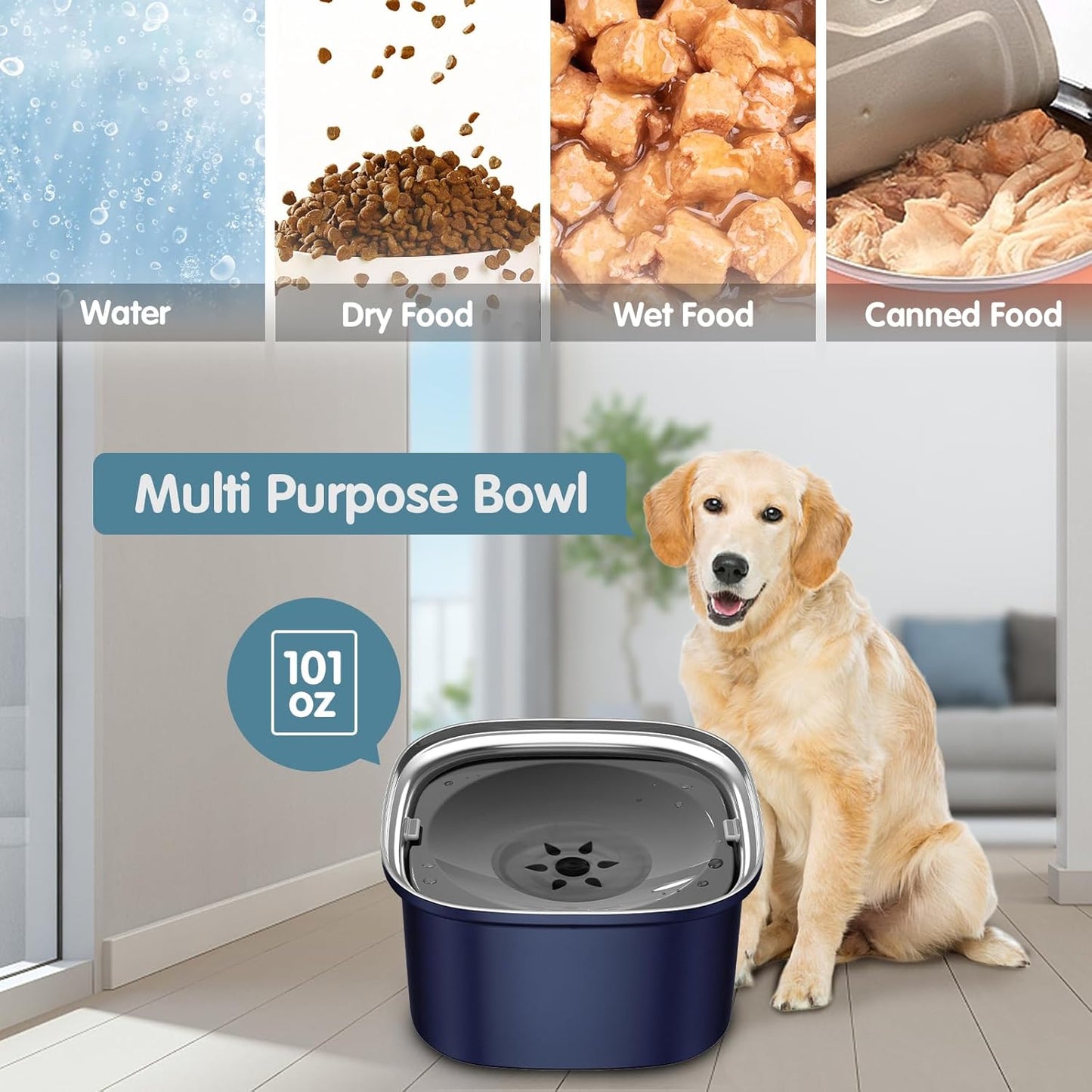 UPSKY 3L Dog Water Bowl 101oz Stainless Steel No Spill Large Capacity Dog Food Water Bowl Slow Water Feeder, Spill Proof Pet Water Dispenser Vehicle Carried Travel Water Bowl