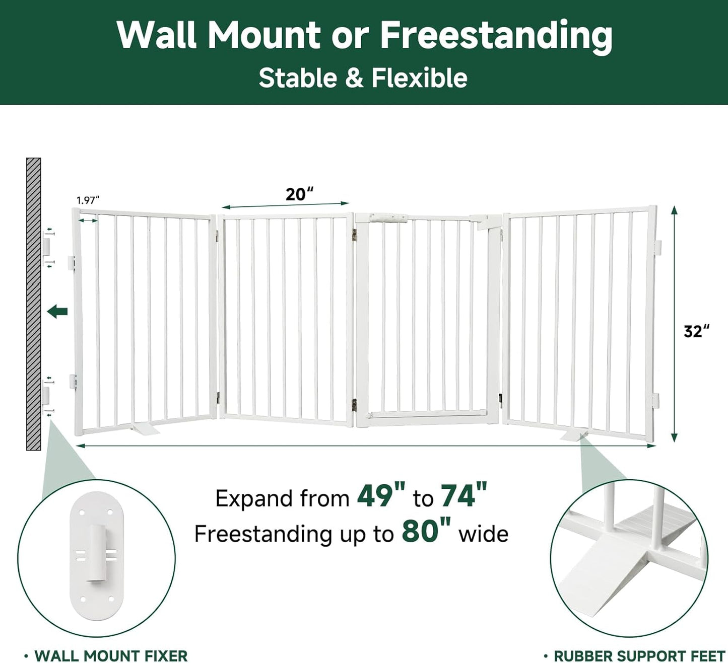 Snagle Paw Full Metal Freestanding Dog Gate,Indoor Dog Gate with Floor Protect Support Feet, 40x24 Inches Foldable Dogs Barrier for Stairs, Hallways and Doorways (24'' H 2 Panel, White
