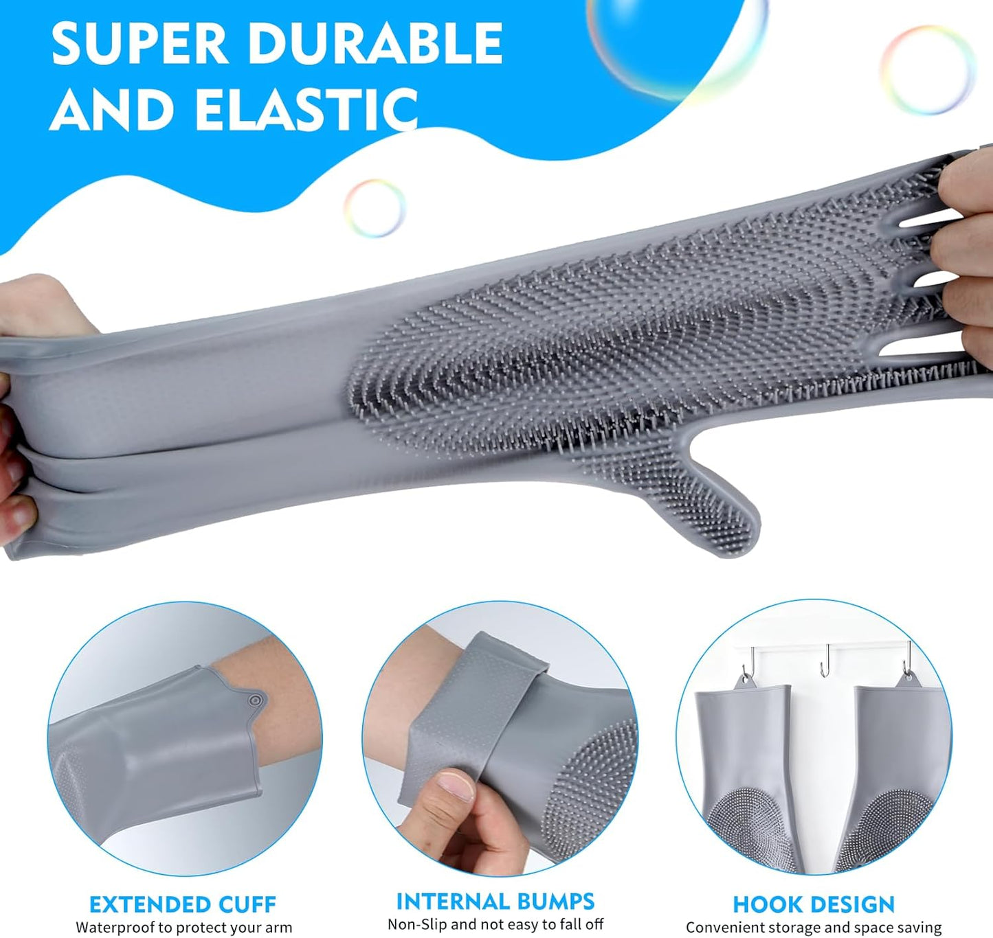 Silicone Dishwashing Gloves with Scrubber Bristles, Food-Grade Cleaning Mitts for Kitchen Dishes, Pet Grooming & Car Wash