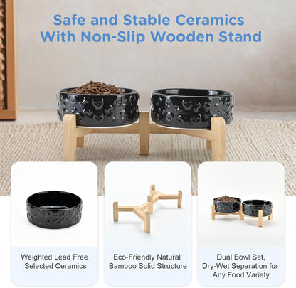 SPUNKYJUNKY Elevated Dog Bowls Ceramic, 6.1'' Dogs and Cat Food Water Bowls Raised with Non-Slip Bamboo Stand for Medium Sized Breed Microwave Dishwasher Safe - 28.7 OZ,Beige