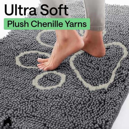 GORILLA GRIP SoakSTOPPER Dog Door Mat, 30x20 Machine Washable Rug Absorbent Doormat Captures Moisture Mud Dirt, Quick Dry Soft Chenille Entryway Rugs Indoor Entrance Mats for Dog Paws, Paw Grey