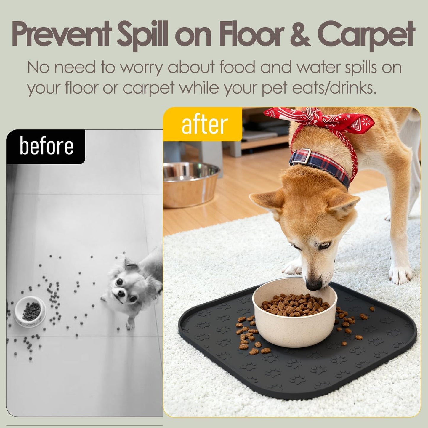 Pet Feeding Mat, Waterproof Anti-Slip Placemats for Dog Cat Bowl Silicone Pet Food Mat, Raised Edge Prevent Spills on Floor & Carpet, Dishwasher Safe (Beige, 11" x 11")