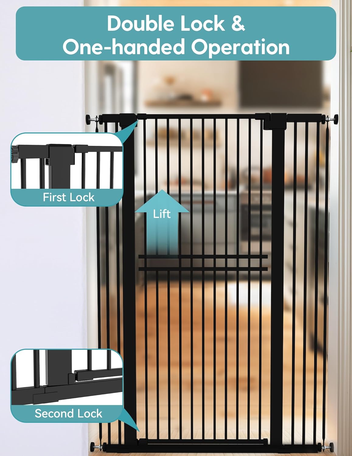 No Pawblems 55" Extra Tall Pet Gate for Cat/Dog, 29-40" Wide Auto Close Tall Dog Gate for Doorways/Hallways, 1.37" Ultra Narrow Spacing, NO Drilling Pressure Mounted, Black