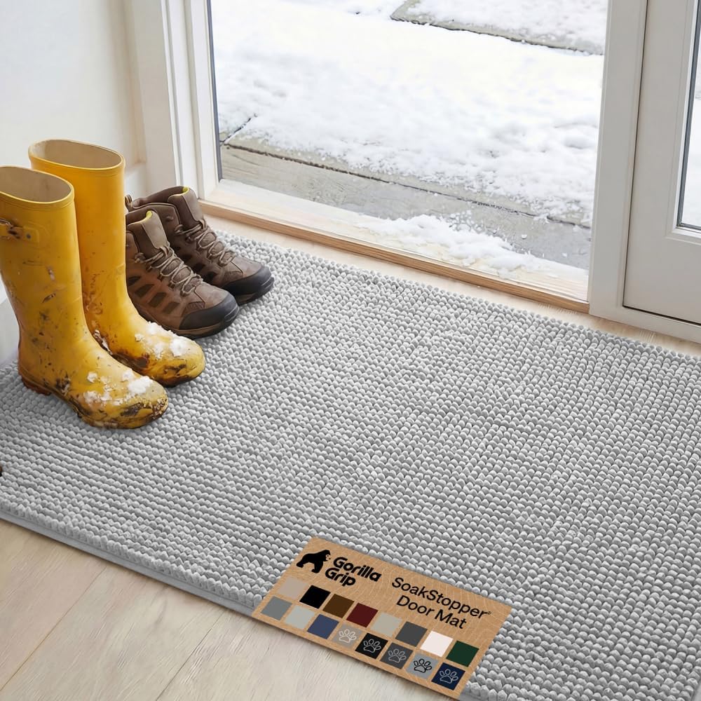GORILLA GRIP SoakSTOPPER Dog Door Mat, 30x20 Machine Washable Rug Absorbent Doormat Captures Moisture Mud Dirt, Quick Dry Soft Chenille Entryway Rugs Indoor Entrance Mats for Dog Paws, Paw Grey