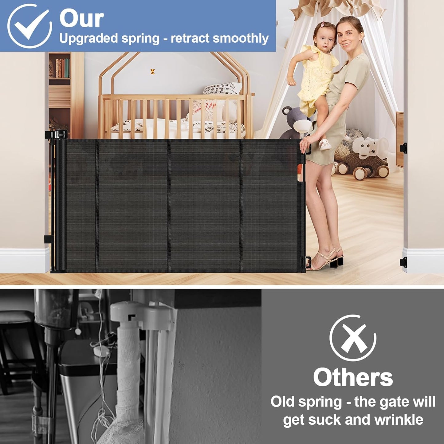 Reinforced 90 Inch Retractable Baby Gates Extra Wide Baby Gate with Reinforced Strips, 7.5ft Long Retractable Dog Gate for The House 33 Inch Tall Extra Long Pet Gates for Wide Openings, Black