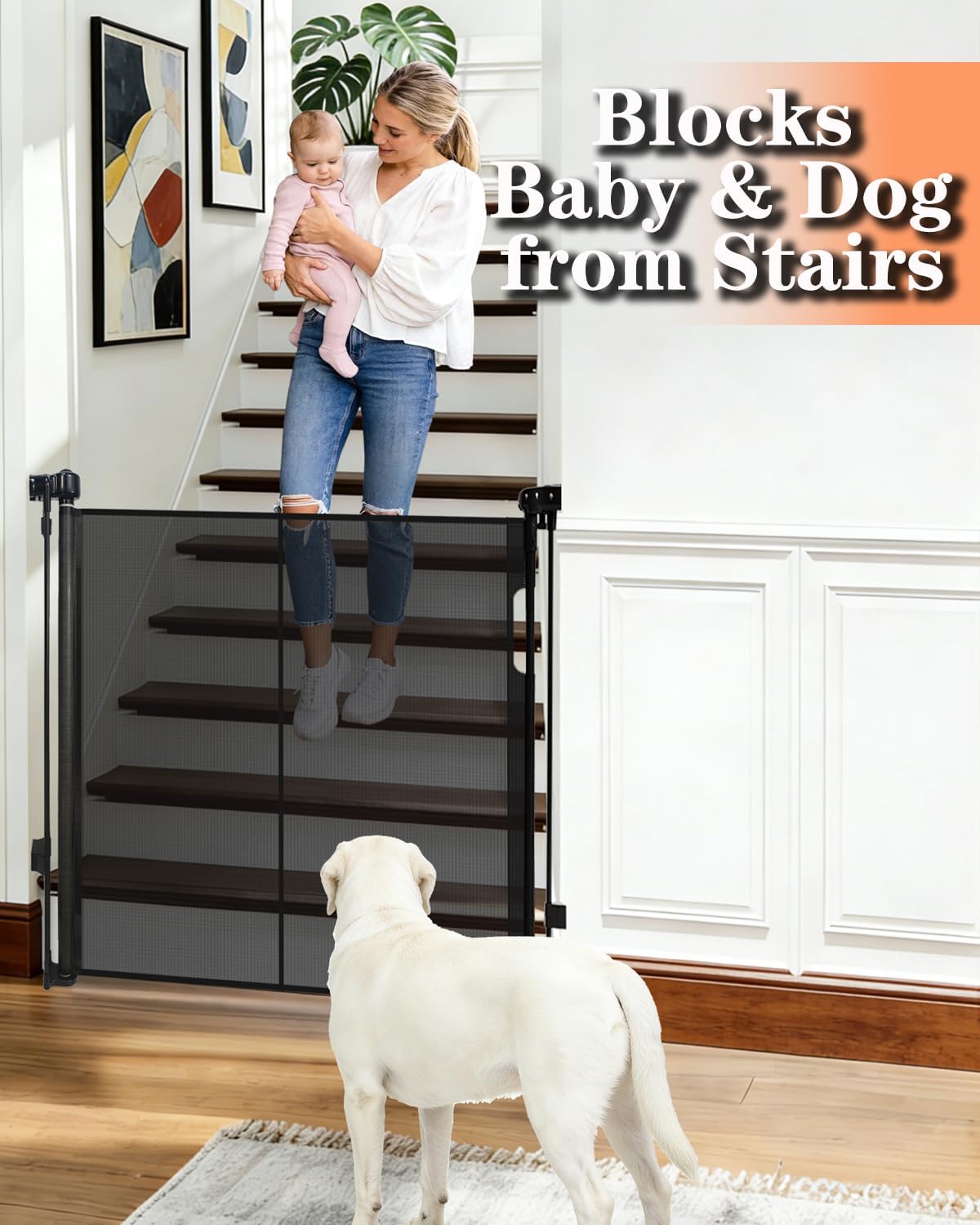 240'' Extra Wide Retractable Baby Gates for Large Opening, 42" Tall Retractable Dog Pet Gate with Support Rods, Long Mesh Screen Child Safety Gate for Garage Doorways Deck Stairs Yard Outdoor Indoor